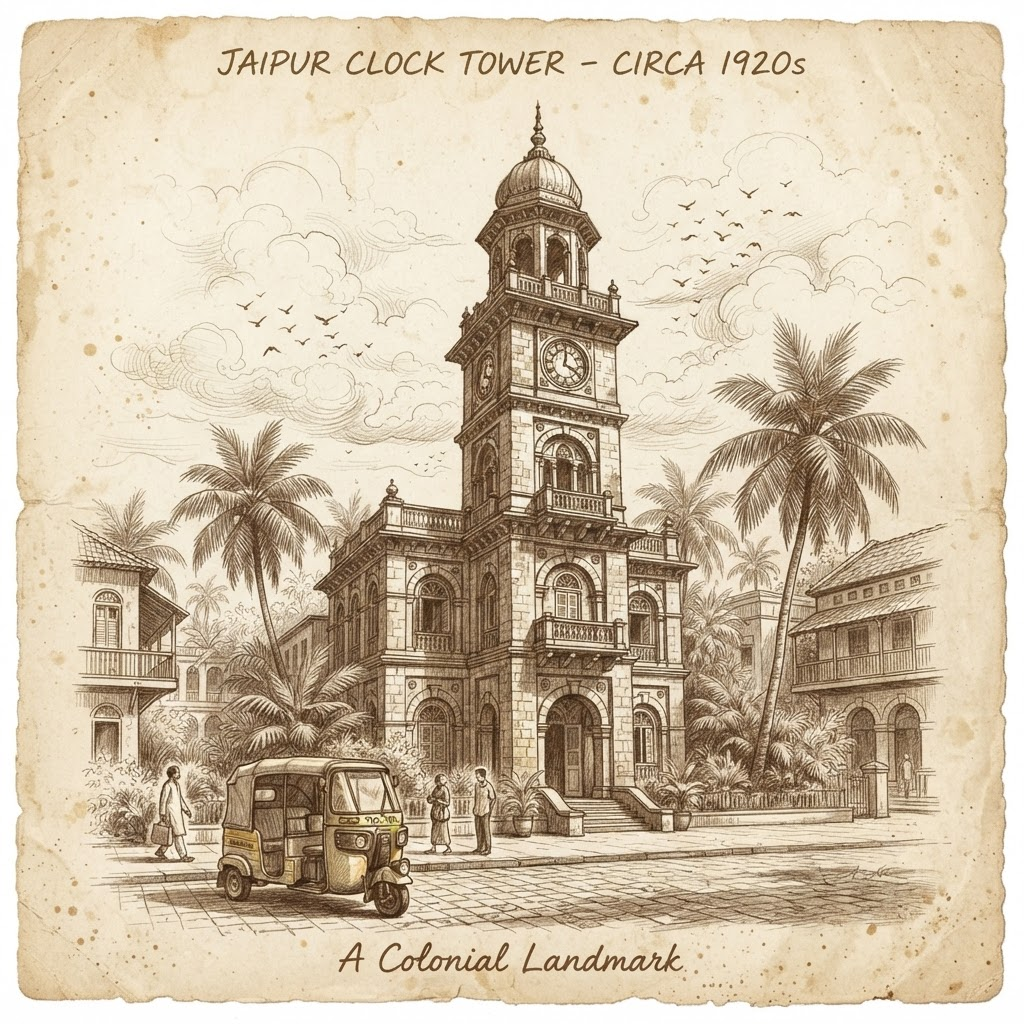 Heritage clock tower building with palm trees and auto-rickshaw